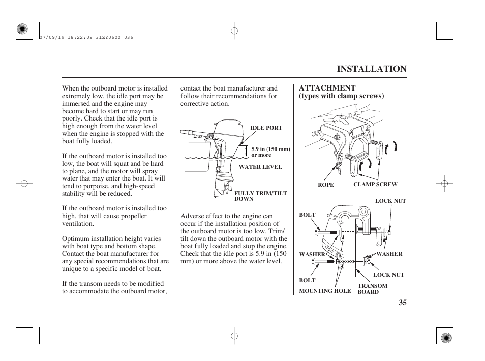 Attachment, Installation | HONDA BF20D User Manual | Page 37 / 148