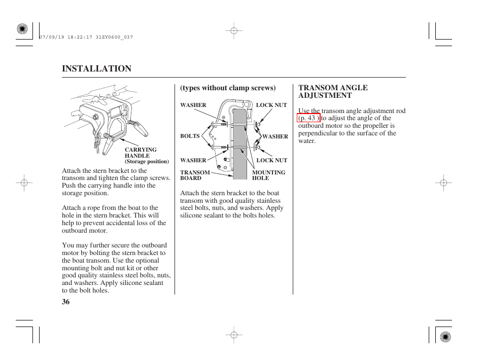 Transom angle adjustment, Installation | HONDA BF20D User Manual | Page 38 / 148