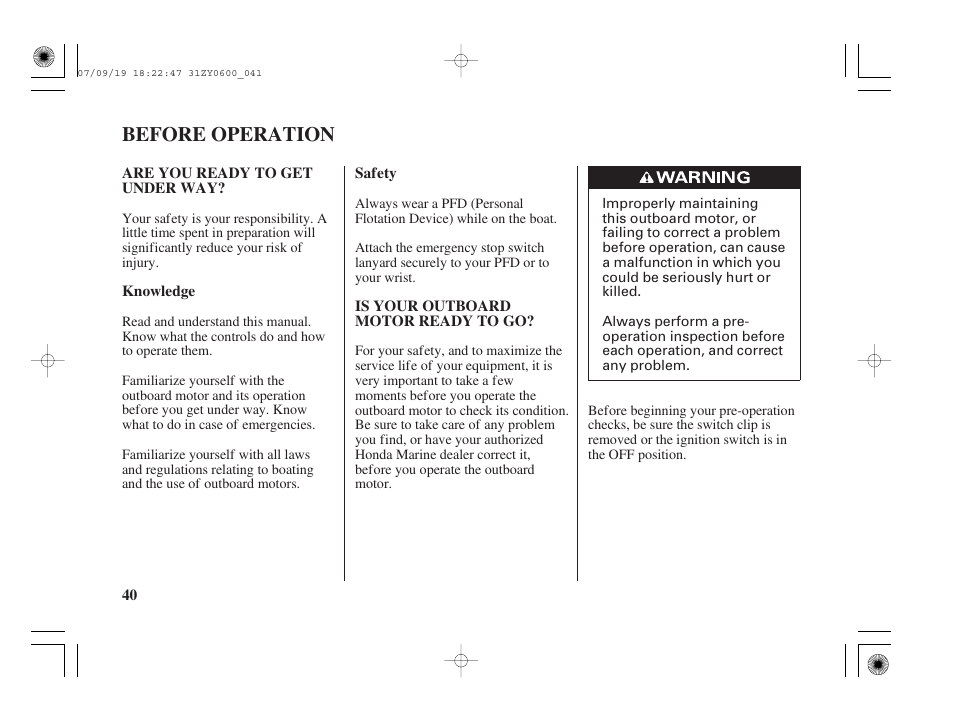 Before operation, Are you ready to get under way, Is your outboard motor ready to go | HONDA BF20D User Manual | Page 42 / 148