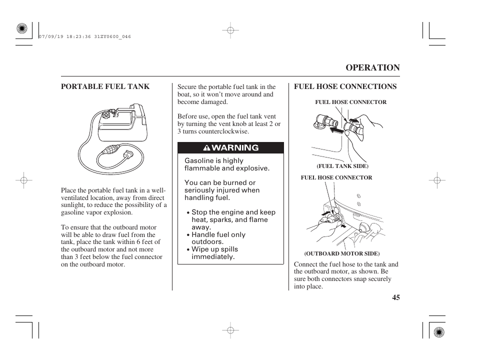 Portable fuel tank, Fuel hose connections, Operation | HONDA BF20D User Manual | Page 47 / 148