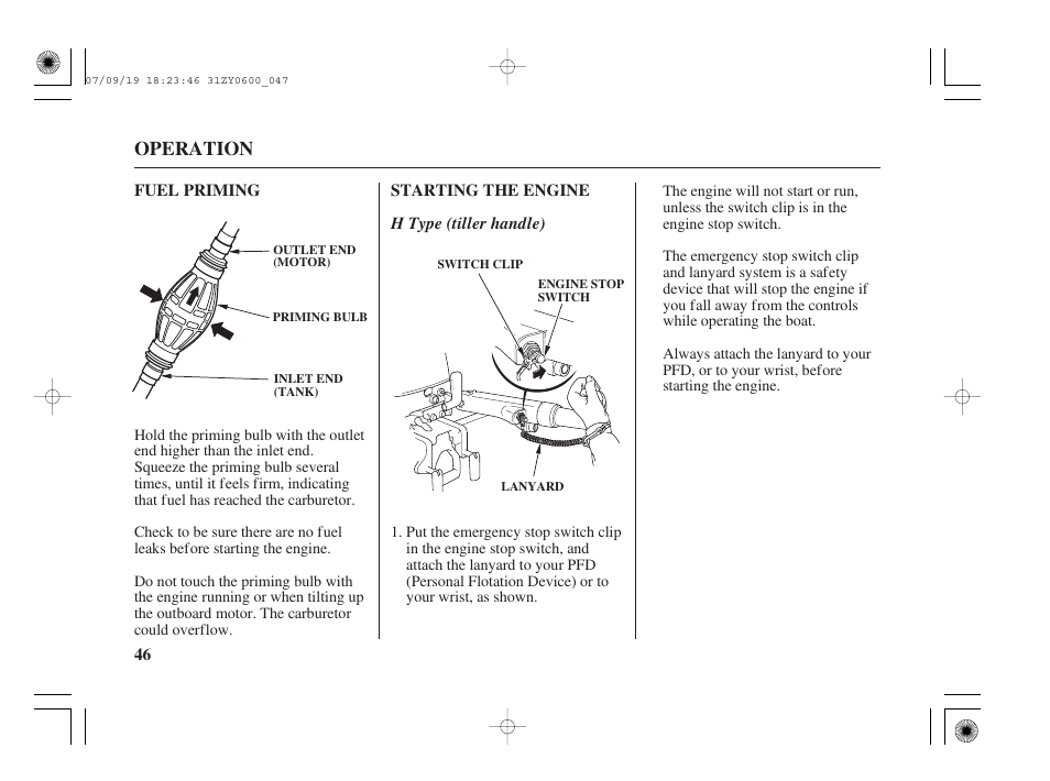 Fuel priming, Starting the engine, Operation | HONDA BF20D User Manual | Page 48 / 148