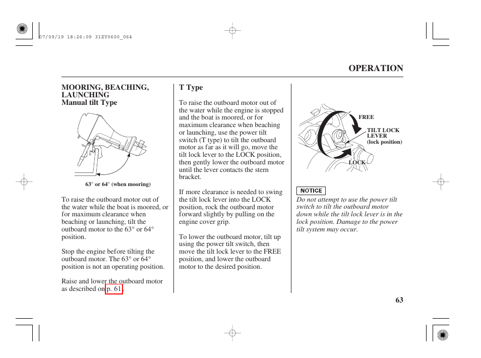 Mooring, beaching, launching, Operation | HONDA BF20D User Manual | Page 65 / 148