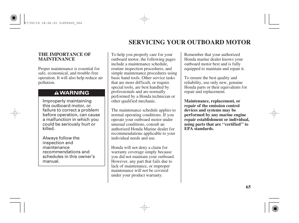 Servicing your outboard motor, The importance of maintenance | HONDA BF20D User Manual | Page 67 / 148