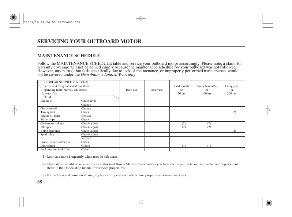 Maintenance schedule, Servicing your outboard motor, 68 maintenance schedule | HONDA BF20D User Manual | Page 70 / 148