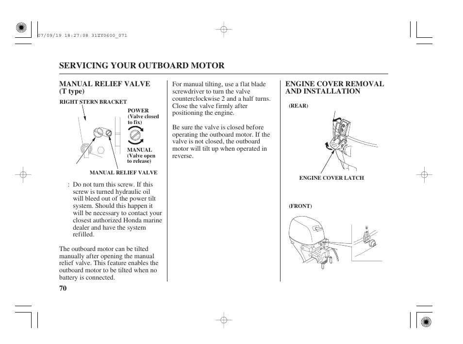 Manual relief valve, Engine cover removal and installation, Servicing your outboard motor | HONDA BF20D User Manual | Page 72 / 148