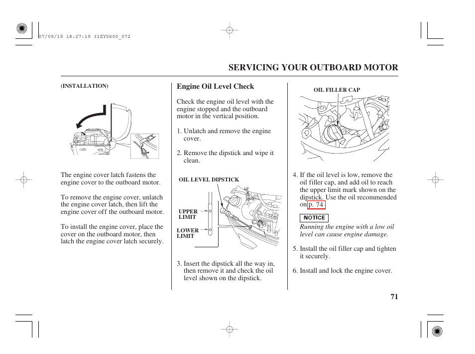 Engine oil level check, Servicing your outboard motor | HONDA BF20D User Manual | Page 73 / 148