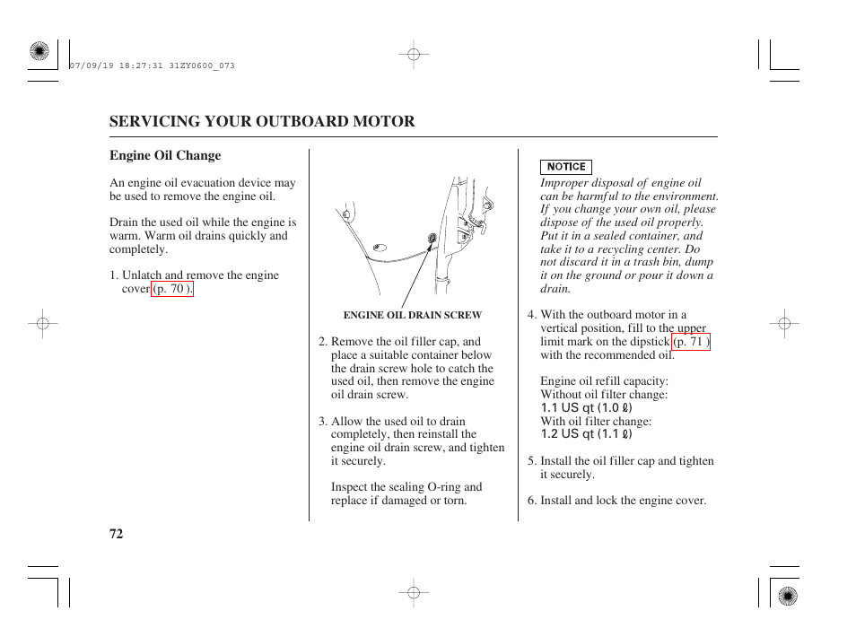 Engine oil change | HONDA BF20D User Manual | Page 74 / 148