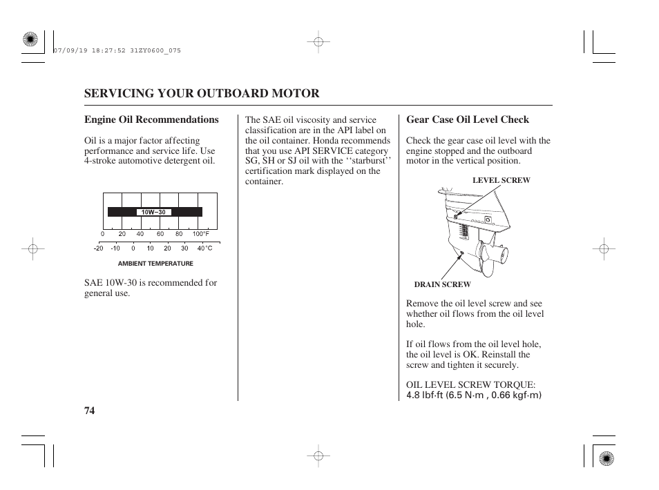 Engine oil recommendations, Gear case oil level check, Servicing your outboard motor | HONDA BF20D User Manual | Page 76 / 148