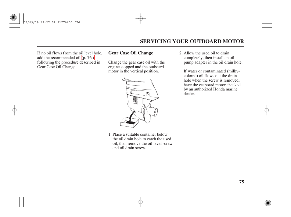 Gear case oil change | HONDA BF20D User Manual | Page 77 / 148