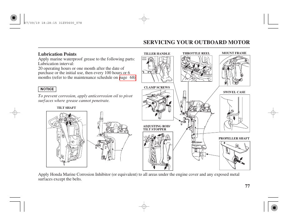 Lubrication points, Servicing your outboard motor | HONDA BF20D User Manual | Page 79 / 148