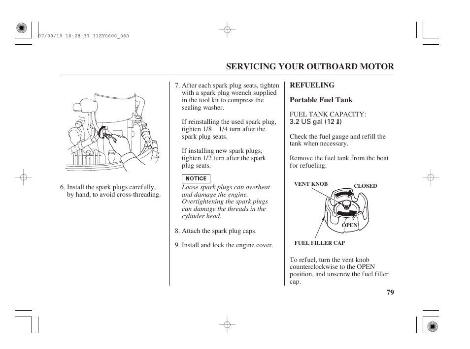 Refueling, Servicing your outboard motor | HONDA BF20D User Manual | Page 81 / 148