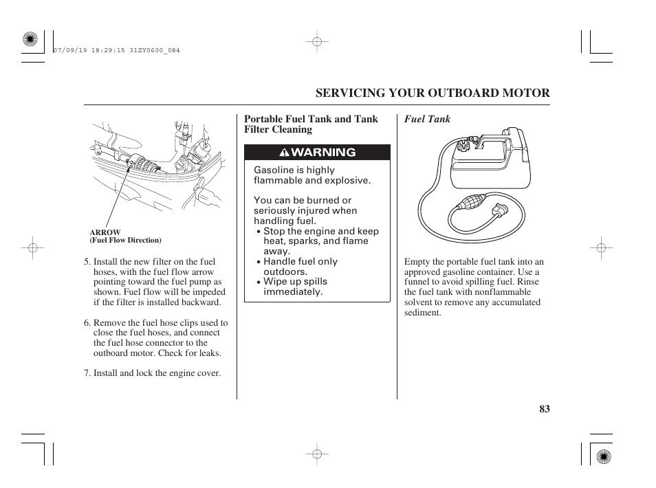 Portable fuel tank and tank filter cleaning | HONDA BF20D User Manual | Page 85 / 148
