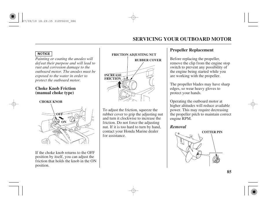 Choke knob friction (manual choke type), Propeller replacement, Servicing your outboard motor | Removal | HONDA BF20D User Manual | Page 87 / 148