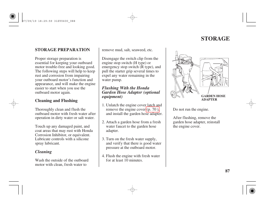 Storage, Storage preparation, Cleaning and flushing | HONDA BF20D User Manual | Page 89 / 148