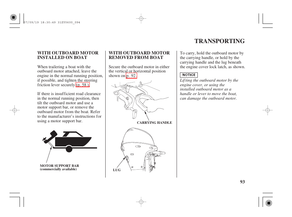 Transporting, With outboard motor installed on boat, With outboard motor removed from boat | HONDA BF20D User Manual | Page 95 / 148