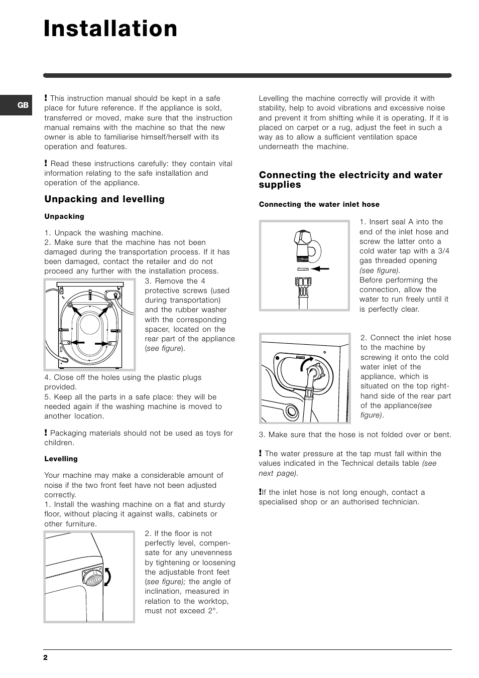 Installation, Unpacking and levelling, Connecting the electricity and water supplies | Indesit SISL 129S User Manual | Page 2 / 48