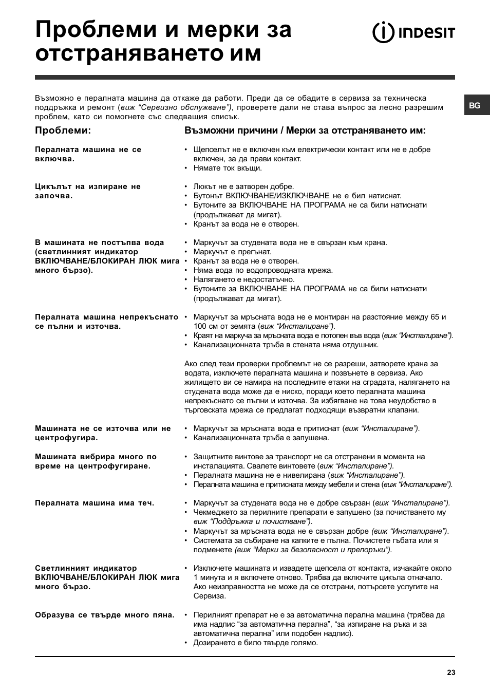 Проблеми и мерки за отстраняването им | Indesit SISL 129S User Manual | Page 23 / 48