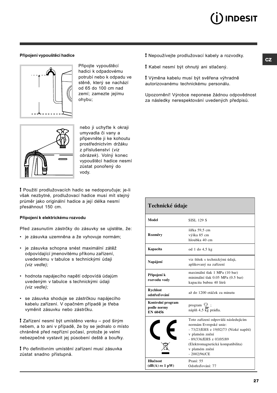 Technické údaje | Indesit SISL 129S User Manual | Page 27 / 48