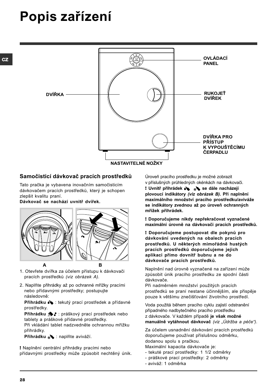 Popis zaøízení, Samoèisticí dávkovaè pracích prostøedkù | Indesit SISL 129S User Manual | Page 28 / 48