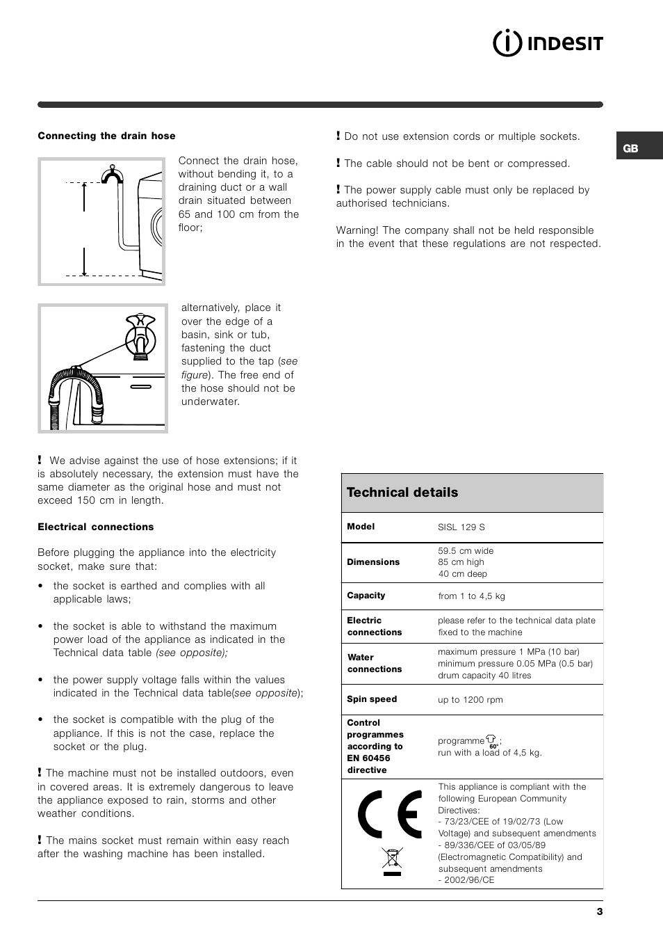 Technical details | Indesit SISL 129S User Manual | Page 3 / 48