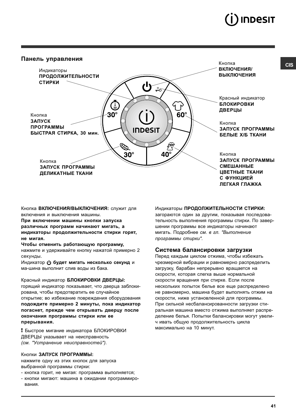 Система балансировки загрузки, Панель управления | Indesit SISL 129S User Manual | Page 41 / 48