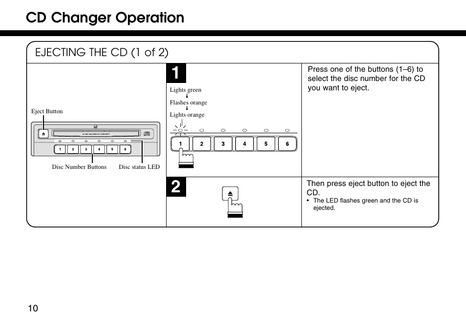 Cd changer operation, Ejecting the cd (1 of 2) | HONDA 08A06-3E1-300 User Manual | Page 10 / 18