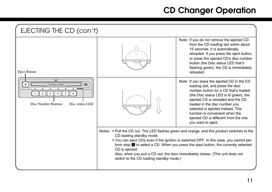 Cd changer operation, Ejecting the cd (con’t) | HONDA 08A06-3E1-300 User Manual | Page 11 / 18