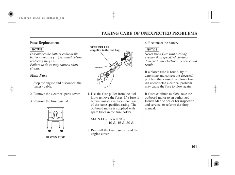 Fuse replacement | HONDA BF50D User Manual | Page 103 / 135