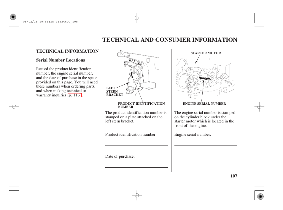 Technical and consumer information, Technical information, Serial number locations | Technical and consumer, Information | HONDA BF50D User Manual | Page 109 / 135