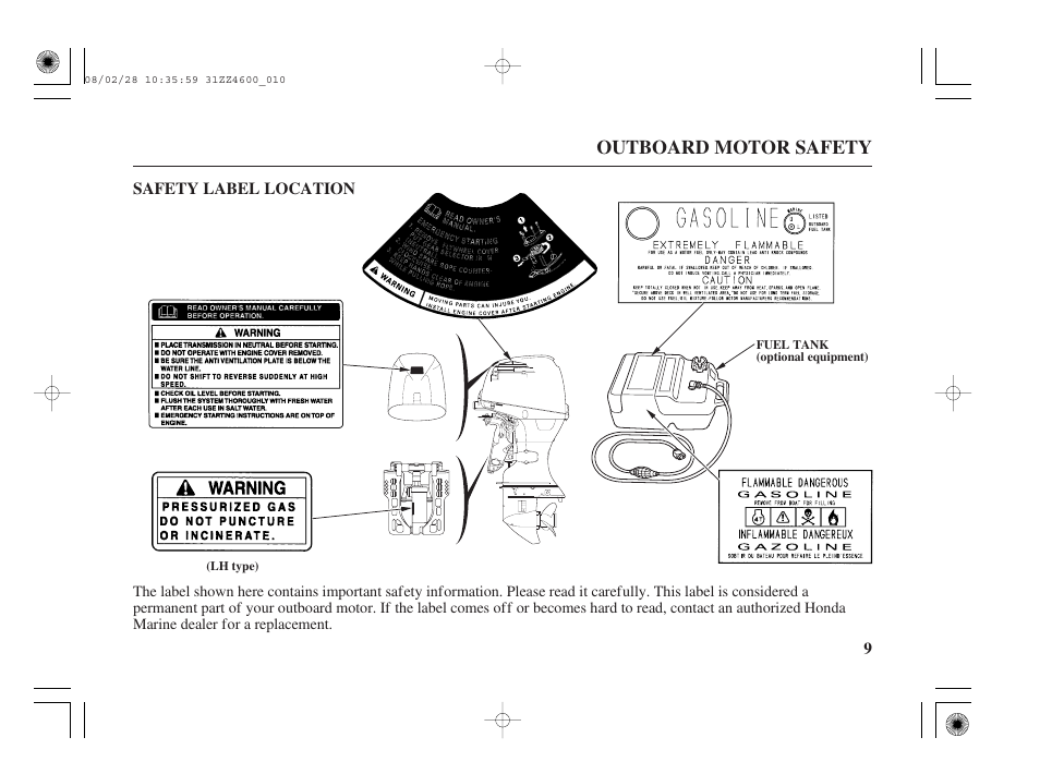 Safety label location, Outboard motor safety | HONDA BF50D User Manual | Page 11 / 135