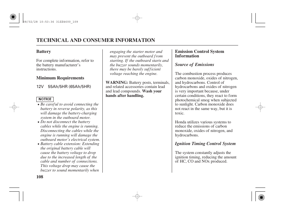 Battery, Emission control system information | HONDA BF50D User Manual | Page 110 / 135