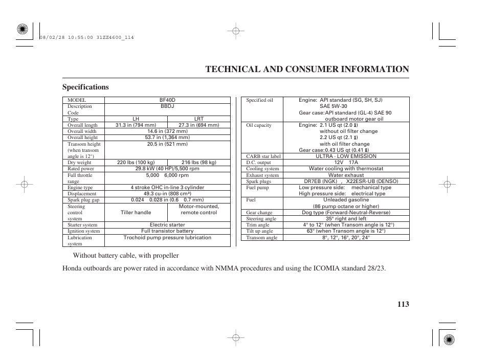 Specifications, Technical and consumer information, 113 specifications | HONDA BF50D User Manual | Page 115 / 135