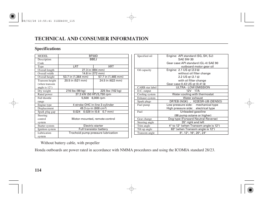 Technical and consumer information, 114 specifications | HONDA BF50D User Manual | Page 116 / 135