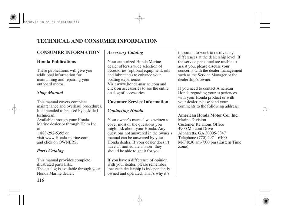 Consumer information, Honda publications, Customer service information | HONDA BF50D User Manual | Page 118 / 135