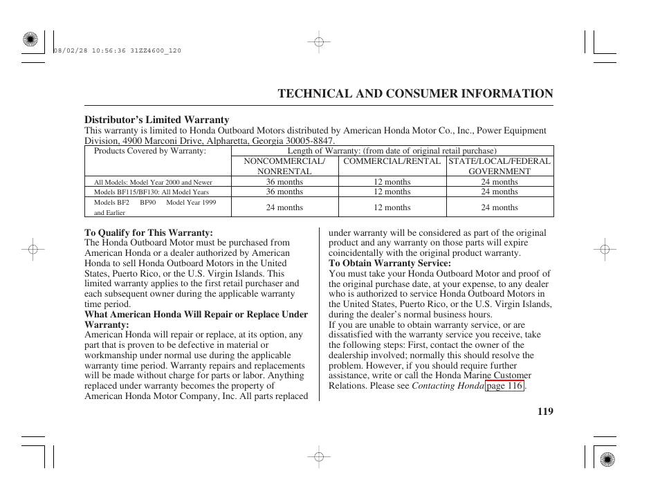 Distributor's limited warranty, Technical and consumer information | HONDA BF50D User Manual | Page 121 / 135