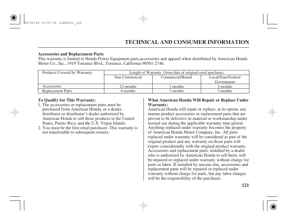 Accessories and replacement parts, Technical and consumer information | HONDA BF50D User Manual | Page 123 / 135