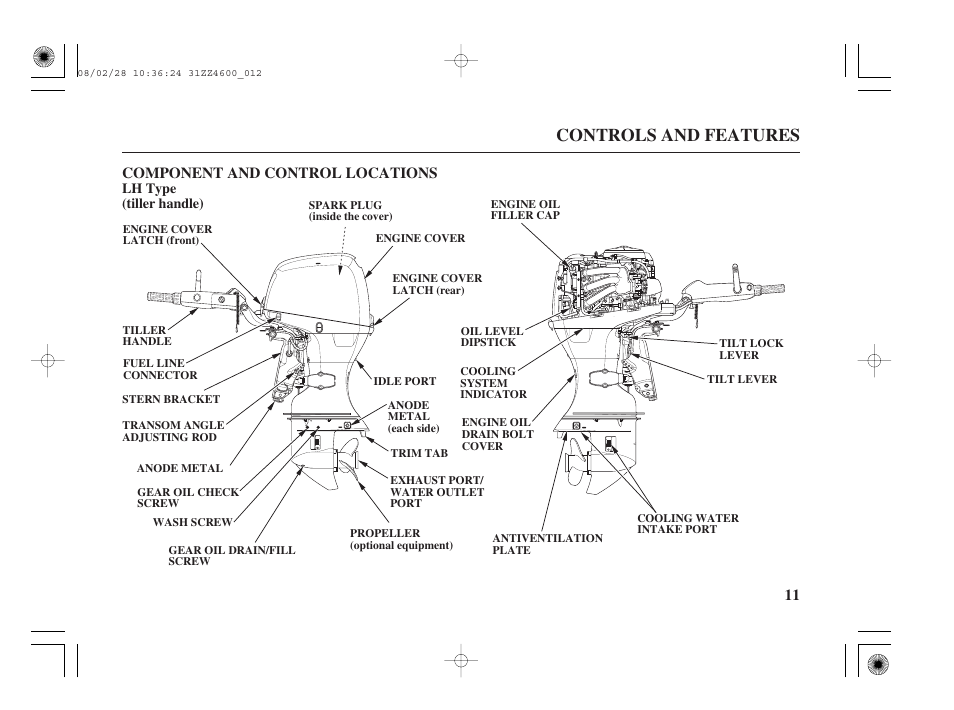 Component and control locations, Lh type (tiller handle), Controls and features | 11 component and control locations | HONDA BF50D User Manual | Page 13 / 135