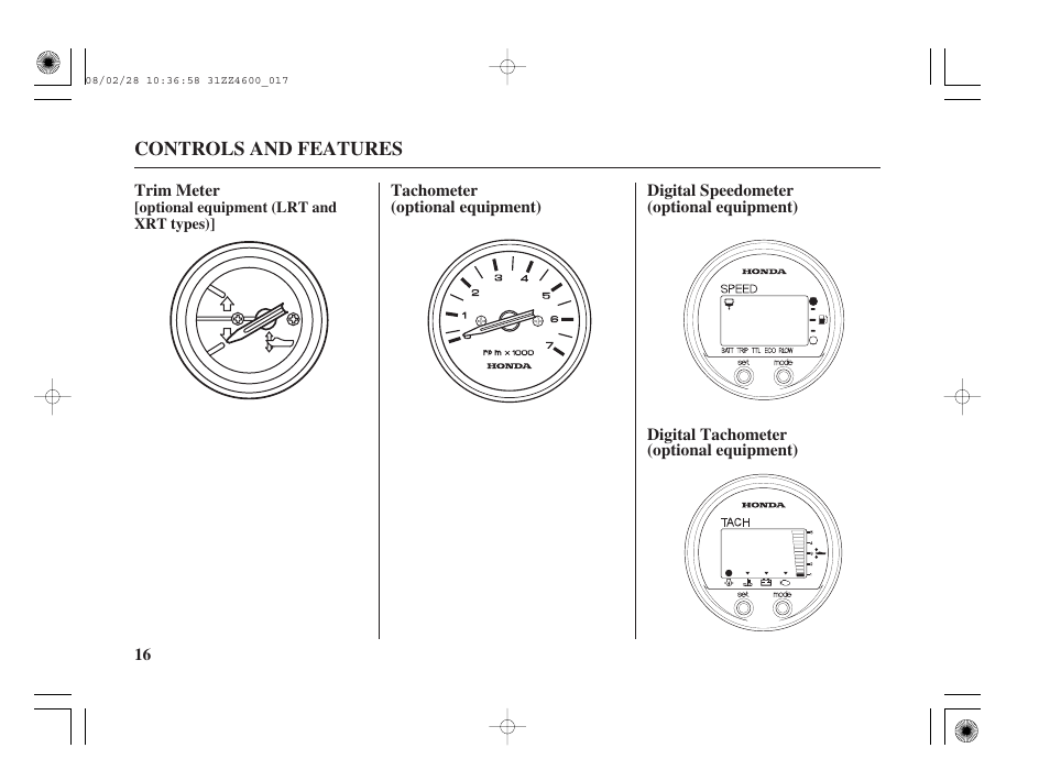 Trim meter (optional equipment), Tachometer (optional equipment), Digital speedometer (optional equipment) | Digital tachometer (optional equipment) | HONDA BF50D User Manual | Page 18 / 135