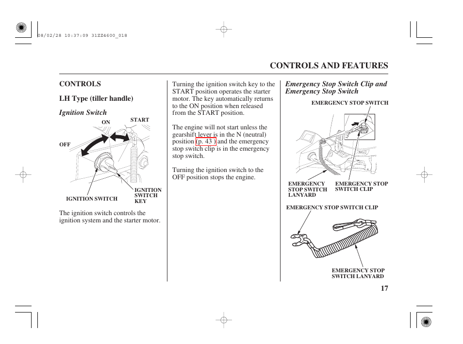 Controls, Lh type (tiller handle), Ignition switch | Controls and features | HONDA BF50D User Manual | Page 19 / 135