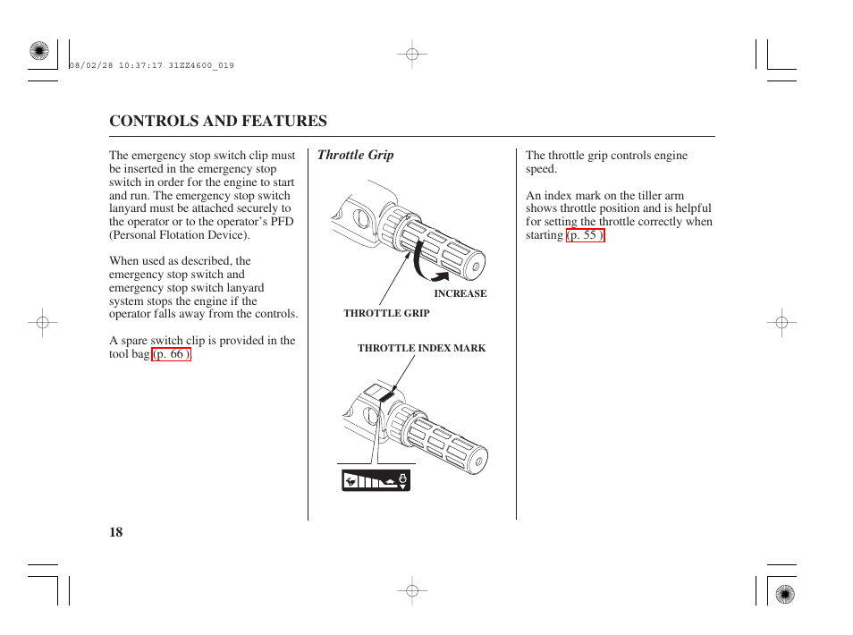 Throttle grip, Controls and features | HONDA BF50D User Manual | Page 20 / 135