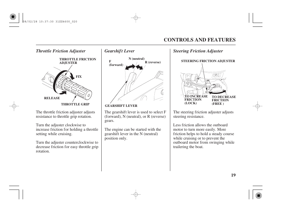 Throttle friction adjuster, Gearshift lever, Steering friction adjuster | Controls and features | HONDA BF50D User Manual | Page 21 / 135