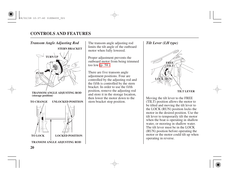 Transom angle adjusting rod, Tilt lever (lh type), Controls and features | Transom angle adjusting rod tilt lever (lh type) | HONDA BF50D User Manual | Page 22 / 135