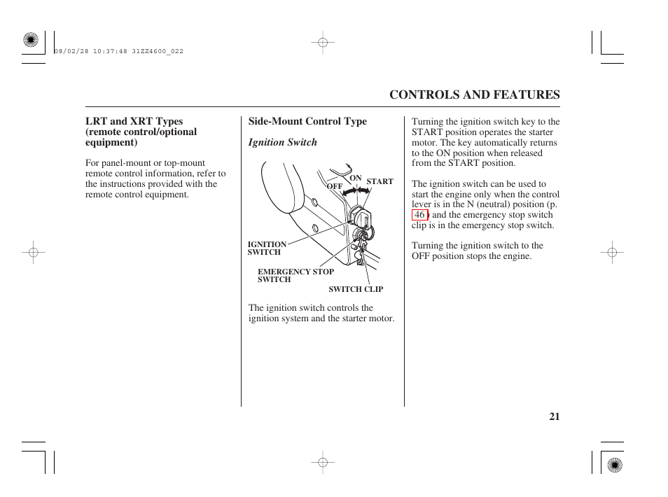 Side-mount control type, Ignition switch, Controls and features | HONDA BF50D User Manual | Page 23 / 135