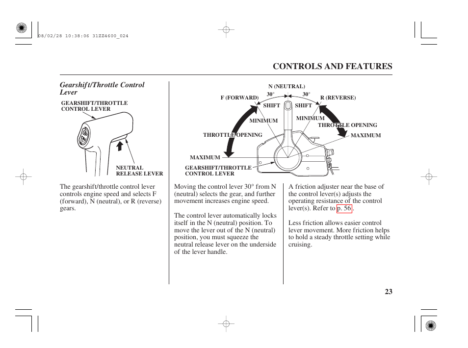 Gearshift/throttle control lever, Controls and features, Gearshif t/throttle control lever | HONDA BF50D User Manual | Page 25 / 135