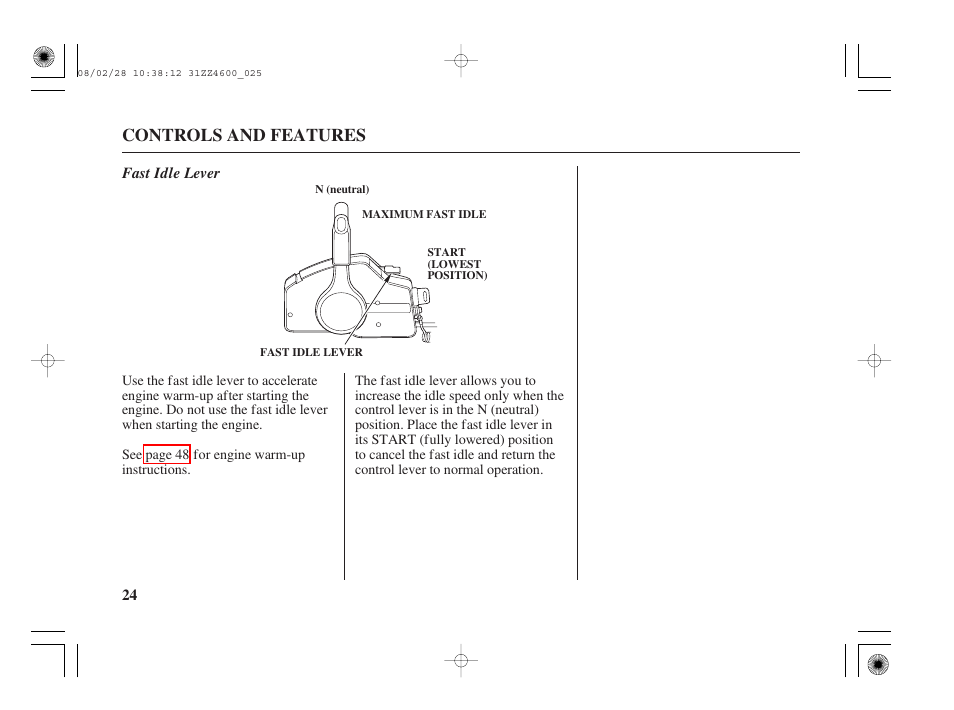 Fast idle lever, Controls and features | HONDA BF50D User Manual | Page 26 / 135