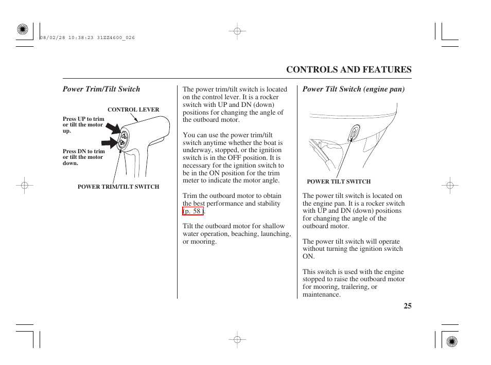 Power trim/tilt switch, Power tilt switch (engine pan), Controls and features | HONDA BF50D User Manual | Page 27 / 135