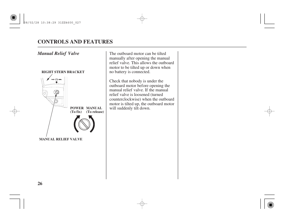 Manual relief valve, Controls and features | HONDA BF50D User Manual | Page 28 / 135