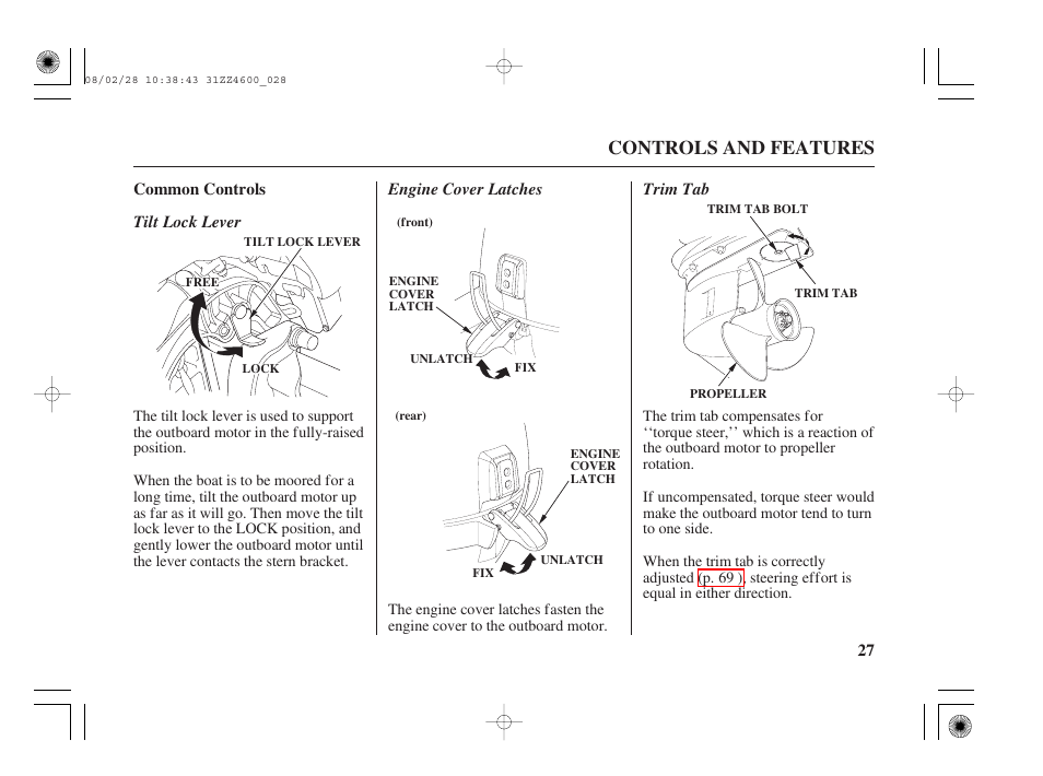 Common controls, Tilt lock lever, Engine cover latches | Trim tab, Controls and features | HONDA BF50D User Manual | Page 29 / 135