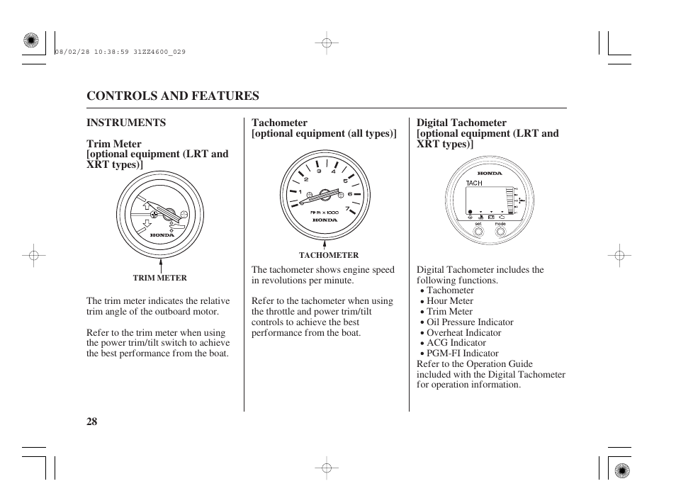 Instruments, Trim meter (lrt and xrt types/optional equipment), Tachometer (all types/optional equipment) | HONDA BF50D User Manual | Page 30 / 135