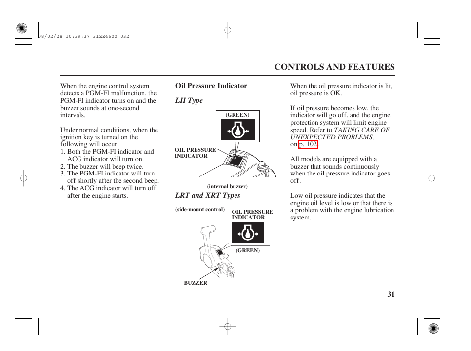 Oil pressure indicator, Controls and features | HONDA BF50D User Manual | Page 33 / 135